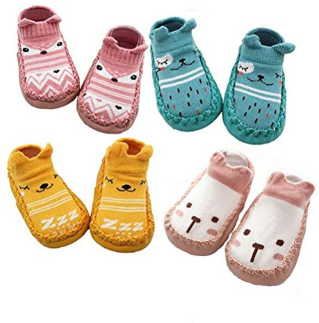 XM-Amigo 4 pares de calcetines antideslizantes para bebé para niños y niñas, zapatillas con suela suave antideslizante 0-24 meses, Rosa., 12-18 meses