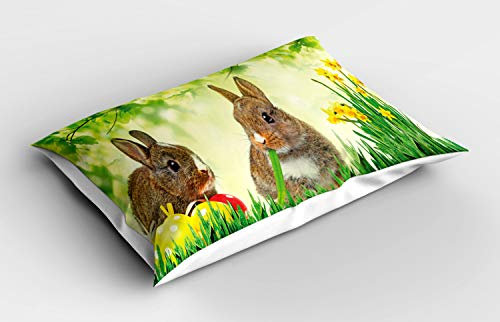 ABAKUHAUS Osterhase Kissenbezug, Ostern Kaninchen, Dekorativer Standard King Size Gedruckter Kissenbezug, 80 x 40 cm, Mehrfarbig Farngrün