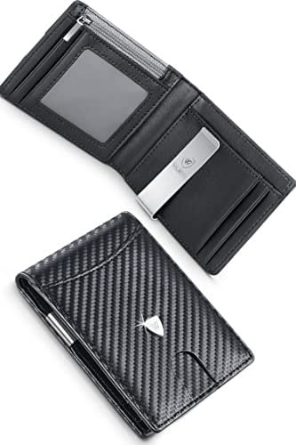wilbest® Piccolo Portafoglio Uomo Slim Blocco RFID con Fermasoldi, con Tessere Tascabile Documenti, Porta Carte di Credito, Finestra di ID, Pelle Carbonio con Confezione Regalo