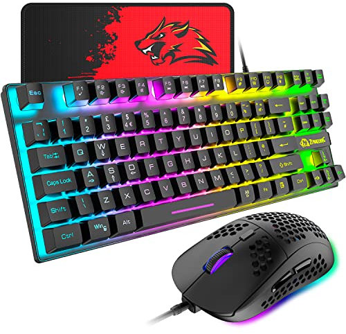 Gaming-Tastatur und -Maus, 88-Tasten-USB-Tastatur mit Hintergrundbeleuchtung in Regenbogenfarbe + programmierbare ultraleichte Gaming-Maus mit 6400 DPI für Computer PC PS4 PS5 Laptop Mac (schwarz)