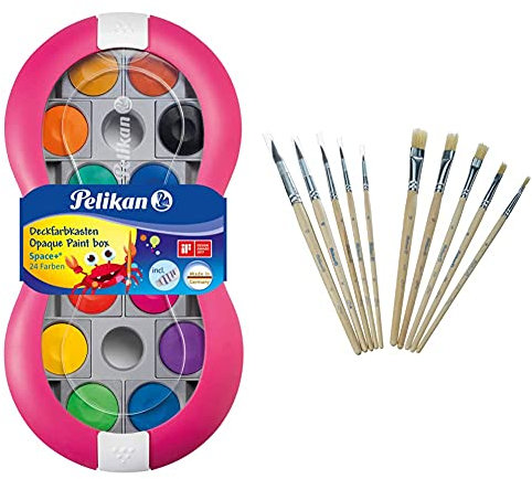 Pelikan 700016 Deckfarbkasten Space+, 24 integrierter Mischpalette, Farbe: Magenta, 1 Stück, Bunt & 700405 Pinsel Starter-Set mit 5 Haar- und 5 Borstenpinseln