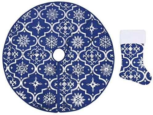 vidaXL Luxus Weihnachtsbaumdecke mit Socke Christbaumdecke Weihnachtsdeko Weihnachtsbaum Rock Decke Bodenmatte Tannenbaumdecke Blau 90cm Stoff