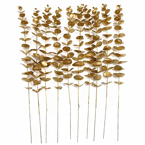 CATTREE Künstlicher goldener Eukalyptus, künstlicher Kunststoff, goldene Pflanzen, 48.3 cm hoch, 10 Stück, Kranzdekorationen, künstliche Sträucher für Hochzeit, Hotel, Tischdekoration, Pflanzfüller