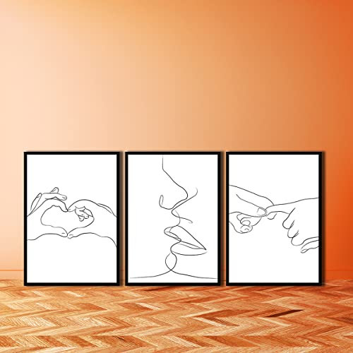 JIUJIUJIU Strichzeichnung Wandkunst Malerei Küssen und Händchen halten Drucke & Poster 3 Stück Leinwand Drucke Kunstwerk für Wohnzimmer Deko Cs3-00526 60 * 90cm*3