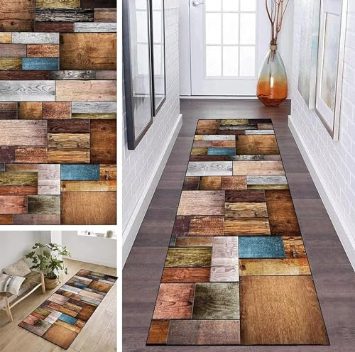 ZDYHMrj Teppich Läufer Flur Küche Bunt Holzmaserung rutschfest Korridor Teppichläufer Waschbar 40x120cm Modern Schlafzimmer Wohnzimmer Läufer Teppich Breite 40cm-120cm
