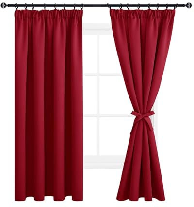 DWCN Vorhang Blickdicht Verdunkelungsgardinen mit Kräuselband, 2er Set H183 x B167 cm Vorhänge Wohnzimmer mit Vorhang-Krawatten, Wärmeisolierende Lichtundurchlässig Thermovorhang Kälteschutz, Rot