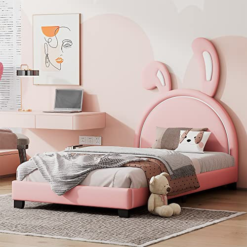 Moimhear Letto imbottito 90 x 200 cm, culla con doghe e schienale, letto per bambine a forma di orecchio di coniglio con piedi rialzati (rosa), LDU00030