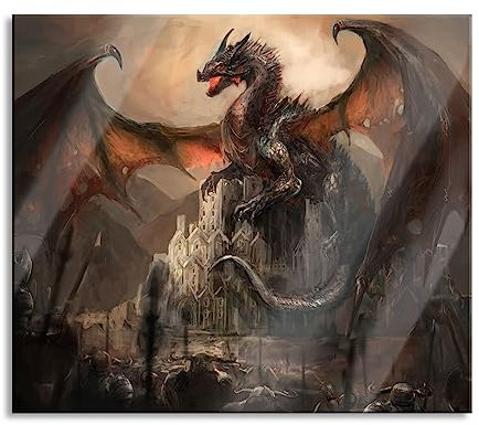 Drache schützend über Burg Herdabdeckplatte & Spritzschutz aus Echtglas | Für Herd-Kochfelder | 60x52 cm