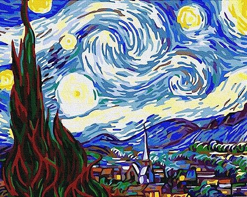 Artnapi Malen nach Zahlen Erwachsene mit Rahmen | DIY Handgemalt | Vincent van Gogh The Starry Night | Kit für Anfänger und Erwachsene | Set inklusive Acrylfarben & Pinsel | 40x50cm Leinwand