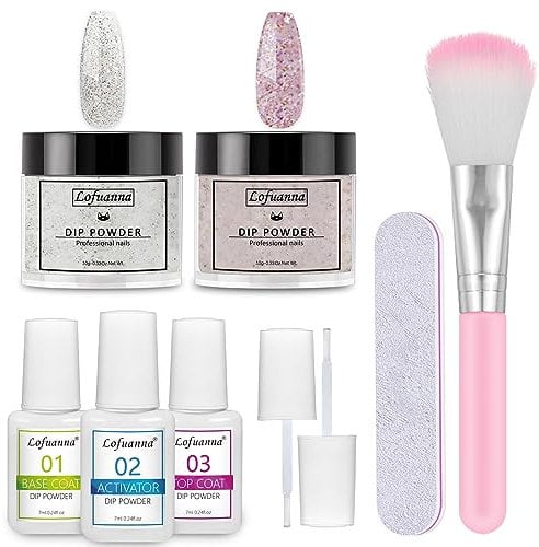 lofuanna Lofuanna Dip Pulver Nagel Starter Kit,2 Colors Dipping Powder mit Base/Top Coat/Activator,9Pcs Dip Puder System Keine Nagellampe Erforderlich für DIY Dip Maniküre Set (Glitter Set)