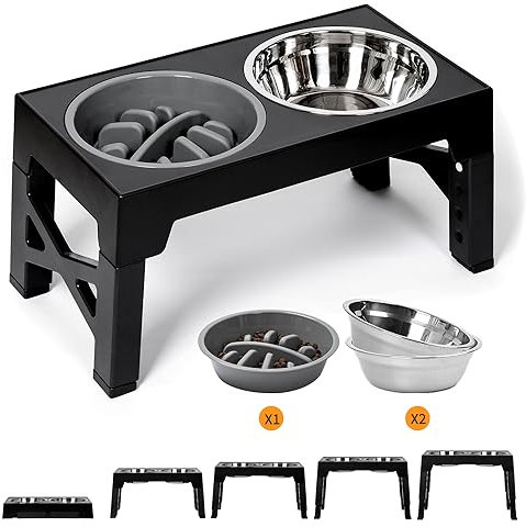 Gamelles Chiens Surelevées Réglables avec 2 Bols et Gamelle Anti Glouton, Porte Gamelle Chien Surelevee 5 Hauteur, Support Gamelle Chien Antidérapant pour Chien de Taille Moyenne Grand(Noir)