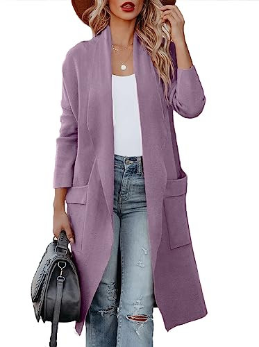 Maavoki Cardigan da Donna, a Maniche Lunghe, Aperto sul Davanti con Tasca, Casual, Lungo, Tinta Unita, Viola., L