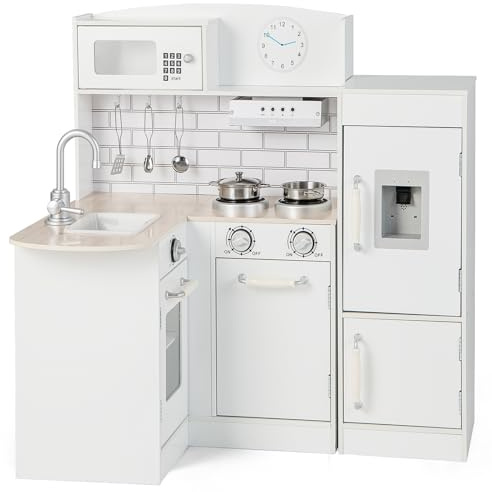 OLAKIDS Kids Corner Kitchen Playset, Wooden Play Kitchen for Toddlers with Sound, Microwave Oven Stove Refrigerator Water Dispenser Range Hood Cookware, Pretend Play Toys Cooking Gift for Boys Girls
