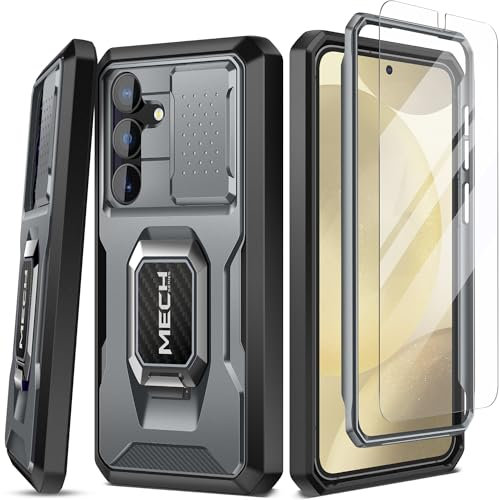 Tongate Kompatibel mit Samsung Galaxy S24 Hülle，mit Bildschirmschutz & Slide Kameraabdeckung, Dual Layer S24 Handyhülle mit Ring Ständer, Militärstandard stoßfest Heavy Duty Schutzhülle, Grau