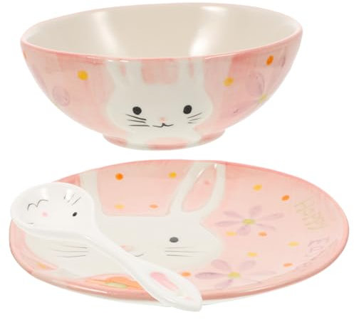Garneck Cartoon Geschirr Set Bunny Muster Platte Cartoon Schüssel Und Löffel Geschirr Kit Keramik