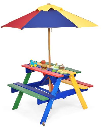 SOARS Kindersitzgruppe Holz, Kindersitzgarnitur mit Sonnenschirm, Kinder Picknicktisch UV Schutz & wasserdicht, Gartentisch & Sitzbank, Kindermöbel Set, Gartenmöbel für draußen (Farbig)