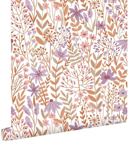 papier peint fleurs des champs lilas violet et terracotta 0.53 x 10.05 m - ESTAhome