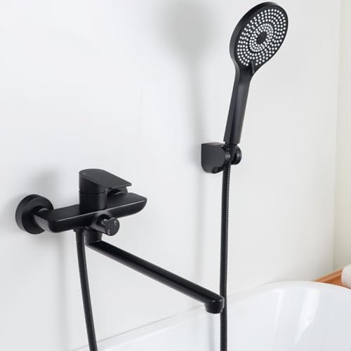 SHANFO Robinet de Baignoire avec Douchette, Mitigeur Baignoire avec Long Bec 30CM, Mitigeur Bain Douche Mural, Noir, 8Y3OK