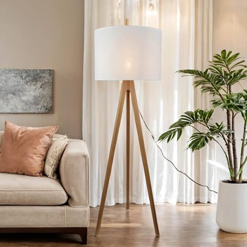 Licht-Erlebnisse Stehleuchte Stoff Holz 145 cm Dreibein E27 Skandinavisch Kiefer Weiß Kabelschalter Tripod Stehlampe Wohnzimmer