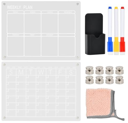 2 Set Calendario Magnetico Nevera Acrilico, 40X30cm Pizarra Planificador Mensual y Semanal Transparente Borrable, Tabla de Planificación de Notas Claro con 6 Bolígrafo/8 Imane/1 Soporte/1 Toalla