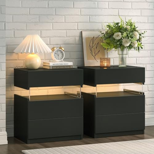 Cubehom Nachttisch 2er Set Schwarz Nachtschrank mit 3 Schubladen Beistelltisch Ablagetisch mit LED-Beleuchtung Sofatisch für Schlafzimmer,Schwarz