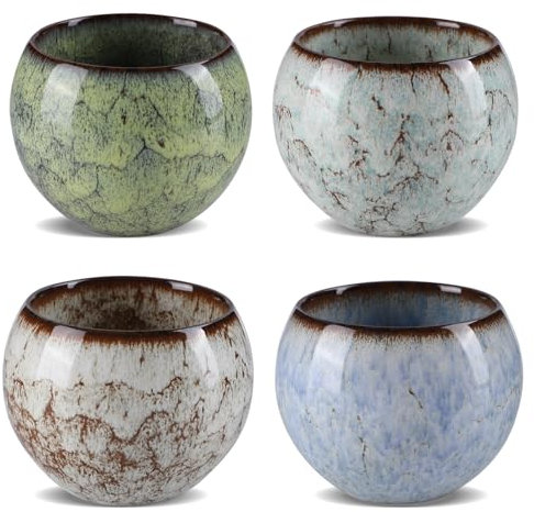 Lot de 4 tasses à thé japonaises, en céramique, 110 ml, tasses à expresso, tasses asiatiques modifiées au four, tasses à thé multicolores, petites, sans anse