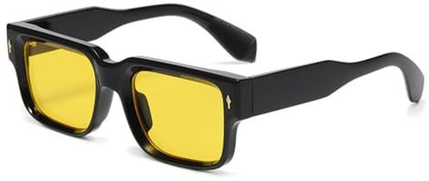 qinqilanqi-S Retro Rechteckig Dicker Rahmen Sonnenbrille Quadratisch Rahmen für Damen Herren Vintage Klobige Brillen UV-Schutz(Schwarz/Gelb)