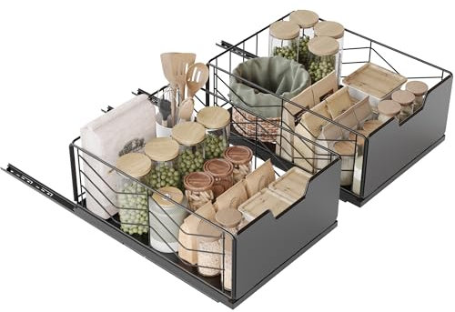 NETEL 2 piezas Organizador de Gabinete Extraíble,No Drill con,Organizador de Cajones de Cocina,Cajones Extraibles para Cocina,Adecuado para cocina/baño, etc,40×30×17.5 cm,Negro