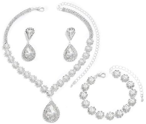 FDEETY Schmuckset für Damen Modische Elegante Schmuck Braut Tropfen Halskette Armbänder Strass Ohrringe Set Anhänger Schmuck Set Geschenke Schmuck(Silber)