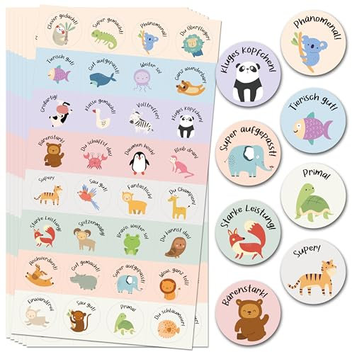 1600 Stück Tier Belohnungsaufkleber, 25mm Motivationsaufkleber für Kinder, 32 Muster Selbstklebende Lehrer Belohnung Aufkleber, Deutsch Belohnungssticker Reward Stickers Tieraufkleber für Lehrerbedarf