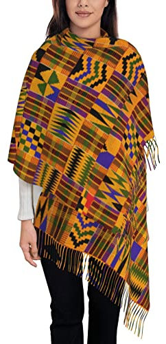 WOTDKG Ghana Kente Fransen-Schal, modischer Schal mit Fransen, weicher Stola-Schal, Siehe Abbildung, One size