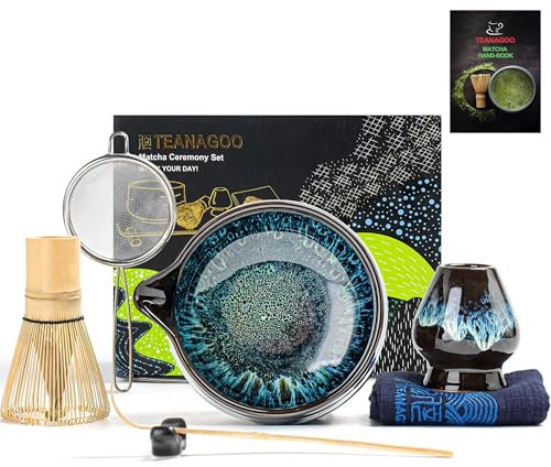 TEANAGOO Lot de 7 fouets à matcha pour cérémonie, ensemble de thé matcha pour la préparation du petit déjeuner/latte, bol à matcha en céramique (chawan) avec bec verseur et fouet, cadeau pour les