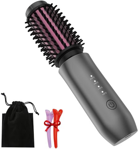 Rechargeable Cordless Hair Curling Brush,Travel Hot Curler Comb, 3-in-1 Portable Wave Curling Iron Brush, 1.5″ Ionic Heated Curlers Brushes, USB Hair Curler Styler for Home Office and Travel, Grey