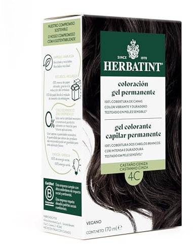 Herbatint Coloración Gel Permanente para Cabello 4C Castaño Ceniza - 170 ml | Sin Amoniaco, Cobertura Óptima de Canas | para Pieles Sensibles, con 8 Extractos Naturales Bio