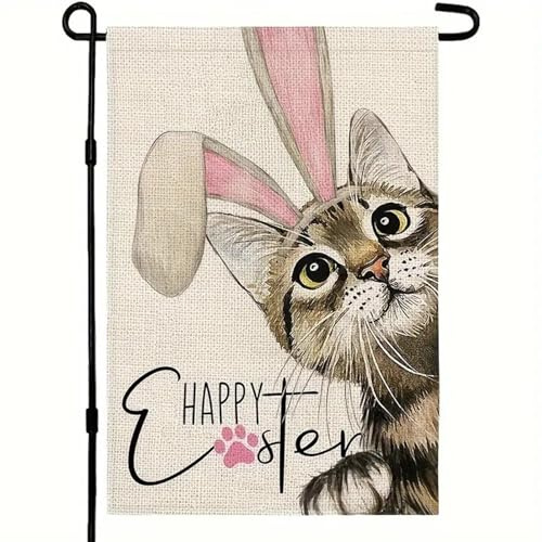 Osterflagge, Gartenflaggen für Ostern - Katze mit Hasenohren Saisonflaggen für draußen 17,7 x 11,8 Zoll - Doppelseitiges Osterbanner, Frühlingsgartenflagge mit Cartoon-Tier für den Außenbereich, Garte