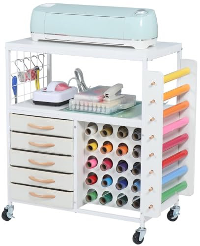 SMONTER Bastelwagen mit 28 Vinylrollenhaltern & 5 Schubladen, Mobiler Rollwagen kompatibel mit Cricut-Maker/Explore, Organizer für Nähatelier und Bastelzimmer, Weiß