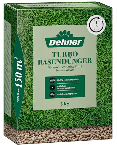 Dehner Turbo Rasendünger, hochwertiger Rasendünger mit hohem Stickstoffgehalt/Magnesium für schnelles Wachstum/intensives Grün, ideal für die gesamte Gartensaison, 3 kg für ca. 150 m²