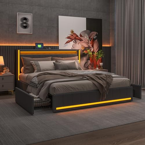 BRILVERDE Cama tapizada 140x200 con almacenaje, con 4 cajones, Cama matrimonial con Toma USB y luz LED, con cabecero y somier de láminas, Lino (Grigio, 140 x 200 cm)