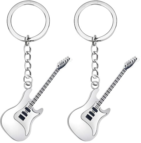 Liitata 2 Pcs Porte-clés Guitare Instrument de musique Porte-clés pendentif Guitare en acier inoxydable pour ami Famille Anniversaire