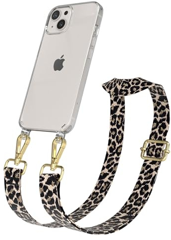 EAZY CASE Handykette - Verstellbares Taschenband kompatibel mit iPhone 13, Schulterriemen, Handykordel mit Silikon Hülle, Umhängetasche, Leo - Schwarz Beige Gold