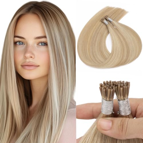 Kun Na 18inch I Tip Hair Extensions 50g/pack Pre Bonded Stick Tip #18/613 | Keratin Real Remy Human Hair Extension Straight Ash Blonde Mix Bleach Blonde Seamless Cold Fusion Tip