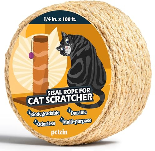 PELZIN Natural Sisal Rope for Cat Scratcher 6mm x 30m, Cat Scratching Post Replacement Rope, Cat Tree Twine for Scratching Post Repair, Recover, Replace and DIY, Natural