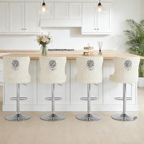 Relbiety Barhocker 4er Set mit Lehne Höhenverstellbar Barhocker Drehbar aus Samt,Barstühle mit chromten Metallfüße für Küche,Bar,Cremeweiß