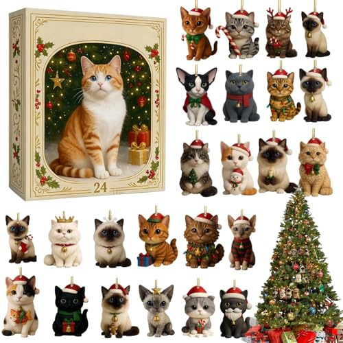 Pruojhw Adventskalender,24 Tage Katzen Anhänger Adventskalender Weihnachtszählung Dekorativ Für Festliche Dezember Schreibtisch Fenster, Kinder Erwachsene