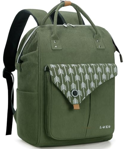 Lekesky Sac à Dos Ordinateur Femme 15,6 Pouces, Antivol et Déperlant | Toile Indéchirable, Grande Ouverture, Compartiment Rembourré et Poche Anti-Vol pour Travail et Voyage, Velours Côtelé Vert