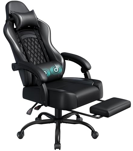 Yaheetech Gaming Stuhl mit Massagefunktion & Ausziehbarer Fußstütze | Ergonomischer Gaming-Stuhl, Verstellbare Rückenlehne, Höhenverstellbar, PC-Stuhl Computerstuhl Drehsessel (Schwarz)