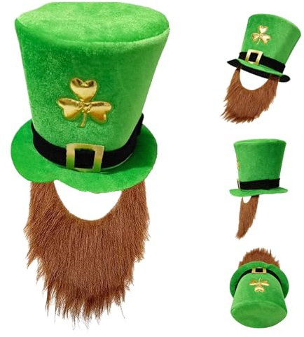 KLINNA Shamrock Hut mit Bart für St.Patrick's Day Festival Kostüm – Irischer Urlaub Helm in Grün, Bequemer Samt Zylinder als Wichtel Verkleidung für Karneval & Mottoparty
