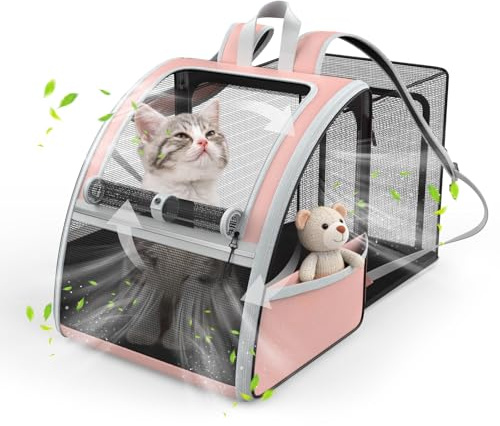 Pawaboo Zaino per Cani Gatti Estensibile,10 kg,Traspirante,Rosa Chiaro | Traspirante,Finestra a Rete,Supporto Incluso,Guinzaglio Interno,per Passeggiata ed Escursione