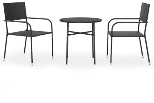 HFXHIJXQ 3-TLG. Rattan Balkonset Schwarz: Tisch 45 cm, 2 Stapelstühle 51x60x87 cm, wetterfest, bis 110 kg
