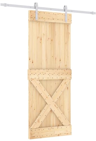 HETFTJN Set completo per porta scorrevole in legno, 80 x 210 cm, sistema di porta scorrevole con binario in acciaio, porta scorrevole in legno di pino massiccio, porta interna salvaspazio, per